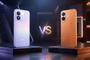 Comparativa visual entre el Redmi Note 17 5G en color violeta y el POCO X8 5G en color naranja colocados sobre peanas.
