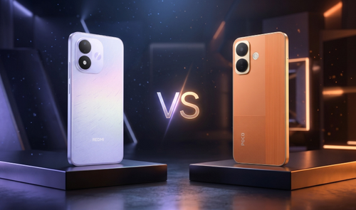Comparativa visual entre el Redmi Note 17 5G en color violeta y el POCO X8 5G en color naranja colocados sobre peanas.
