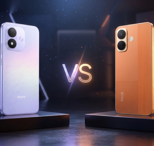 Comparativa visual entre el Redmi Note 17 5G en color violeta y el POCO X8 5G en color naranja colocados sobre peanas.
