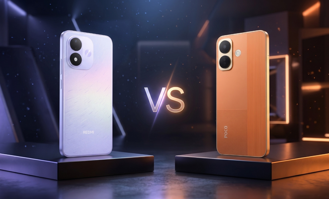 Comparativa visual entre el Redmi Note 17 5G en color violeta y el POCO X8 5G en color naranja colocados sobre peanas.