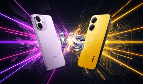 Comparativa visual entre el Redmi Note 17 Pro en color violeta y el POCO X8 Pro en color amarillo, separados por un logotipo de VS en un entorno gráfico de circuitos.
