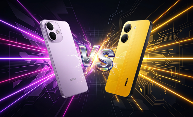 Comparativa visual entre el Redmi Note 17 Pro en color violeta y el POCO X8 Pro en color amarillo, separados por un logotipo de VS en un entorno gráfico de circuitos.