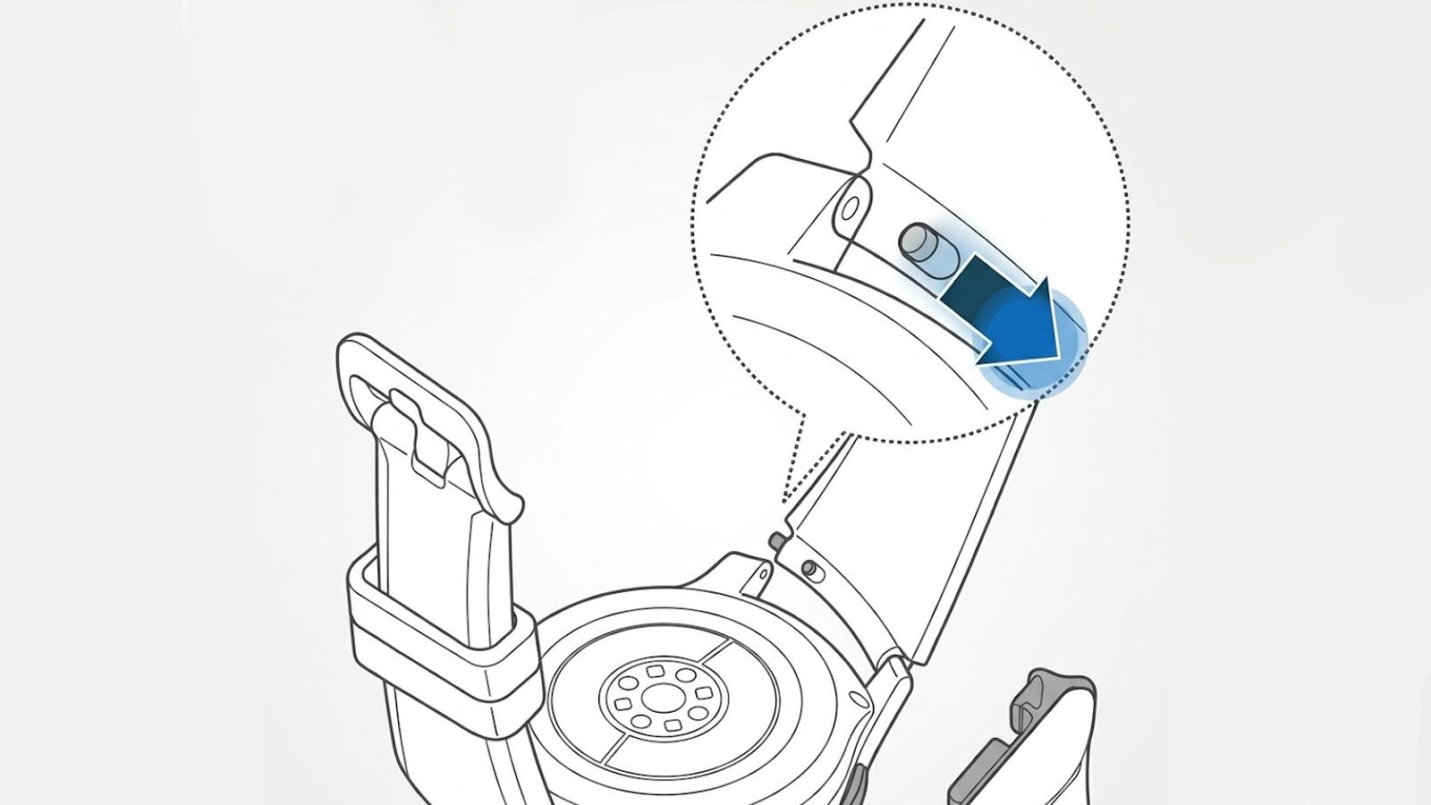 Ilustración técnica que muestra el mecanismo de liberación de un reloj con correa de pasador mediante una flecha indicadora.