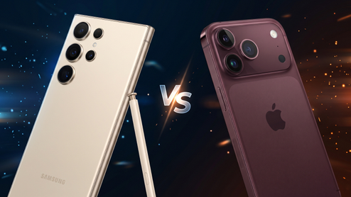 Parte trasera de un Samsung Galaxy S26 Ultra con su lápiz óptico frente a un iPhone 18 Pro Max en color granate.