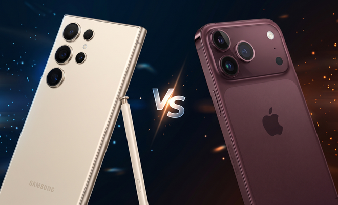 Parte trasera de un Samsung Galaxy S26 Ultra con su lápiz óptico frente a un iPhone 18 Pro Max en color granate.