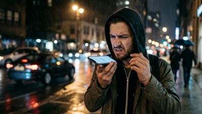 Hombre con sudadera y capucha hablando por el micrófono de su móvil en una calle de noche bajo la lluvia.