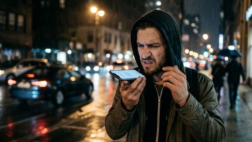 Hombre con sudadera y capucha hablando por el micrófono de su móvil en una calle de noche bajo la lluvia.