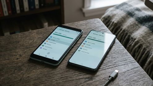 Dos teléfonos móviles sobre una mesa de madera mostrando el menú de ajustes de almacenamiento.