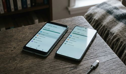 Dos teléfonos móviles sobre una mesa de madera mostrando el menú de ajustes de almacenamiento.
