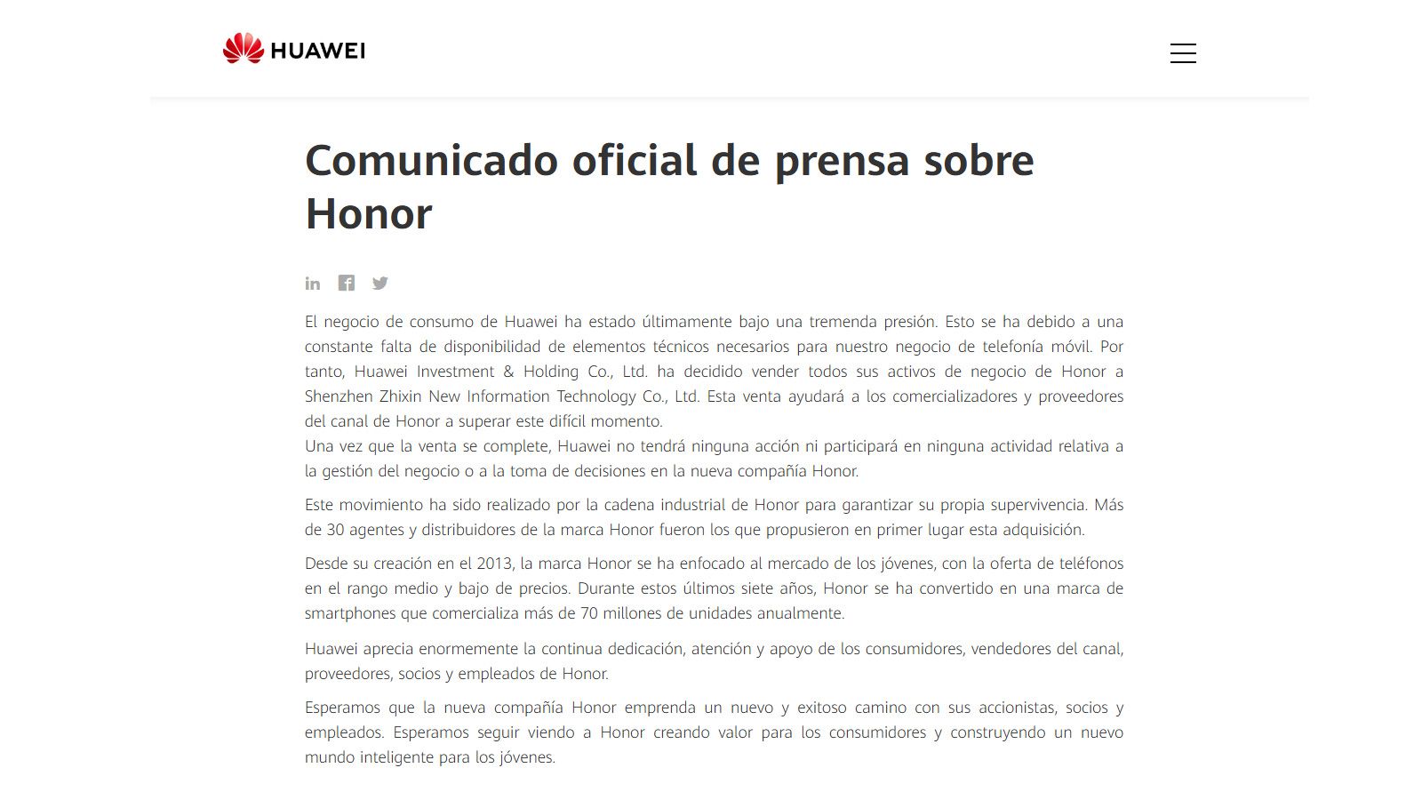 Comunicado de prensa de Huawei sobre la venta de Honor.