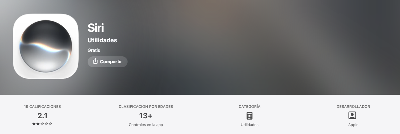 Ficha de la aplicación Siri en la App Store donde se muestra una puntuación de 2.1 estrellas basada en 19 valoraciones.