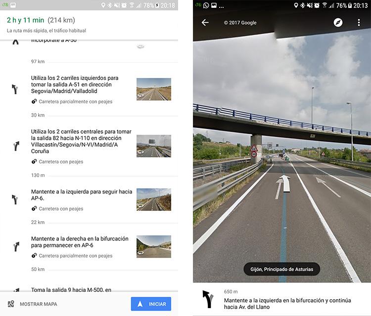 Google Maps con imágenes de Street View en la información de ruta
