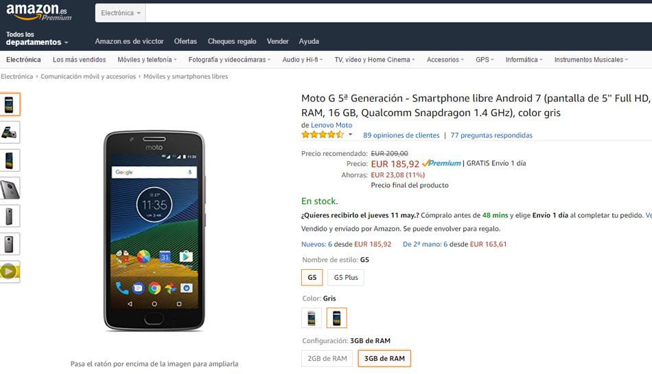Precio del Moto G5 3 GB en Amazon