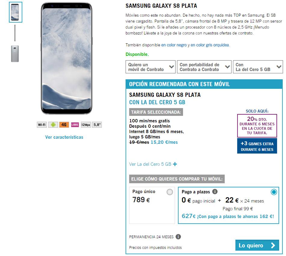 Precio del Samsung Galaxy S8 en Yoigo