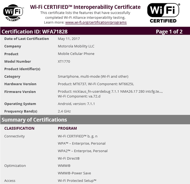Certificación WiFi del Moto E