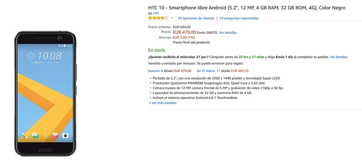 Precio del HTC 10 en Amazon