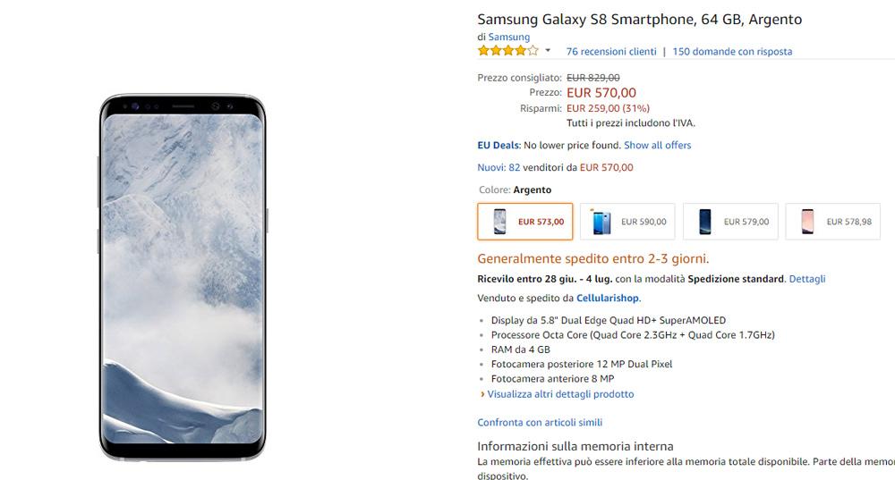 Precio del Samsung Galaxy S8 en Amazon