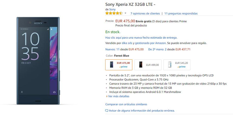 Precio del Sony Xperia XZ en Amazon