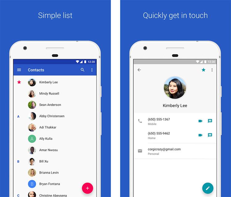 Interfaz con Material Design de la App Google Contacts