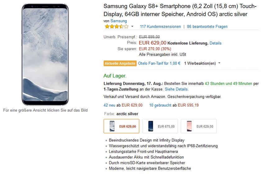 Precio del Samsung Galaxy S8+ en Amazon Alemania