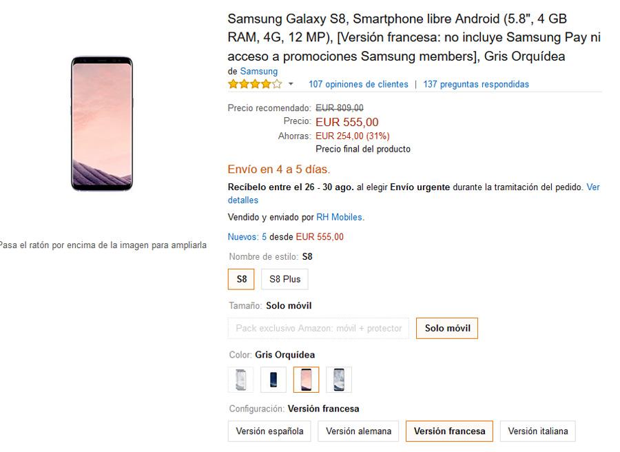 Precio del Samsung Galaxy S8 en Amazon con rebaja de 250 euros