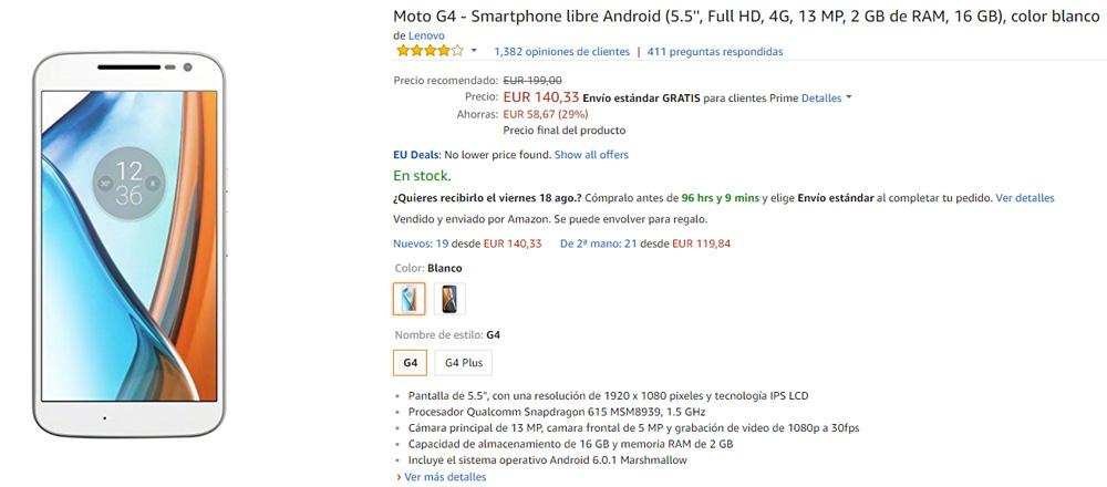 Comprar Moto G4 en Amazon a un precio de 140 euros
