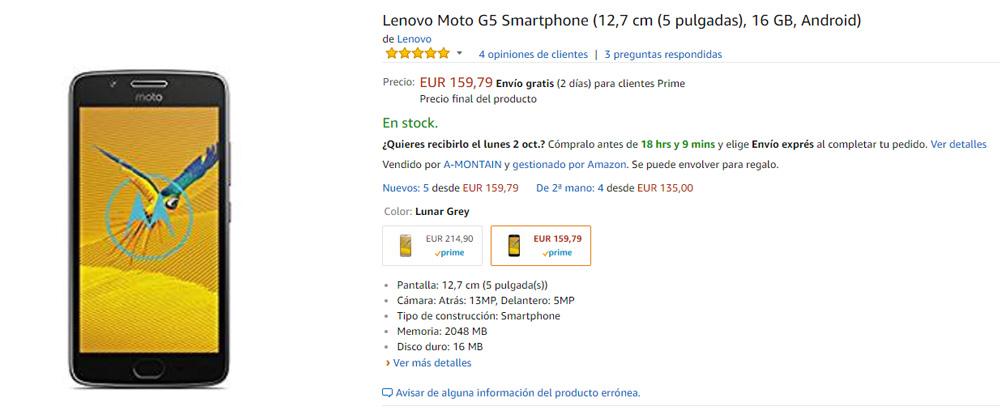 Precio del Motorola Moto G5 en oferta en Amazon