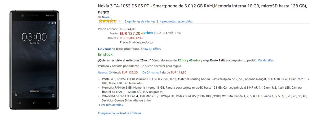 Precio del Nokia 3 en Amazon