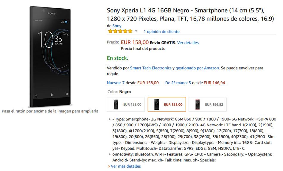 Sony Xperia L1 a un precio de 158 euros en Amazon