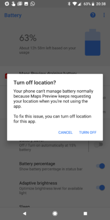 Android 8.1 informando de una app que consume mucha batería