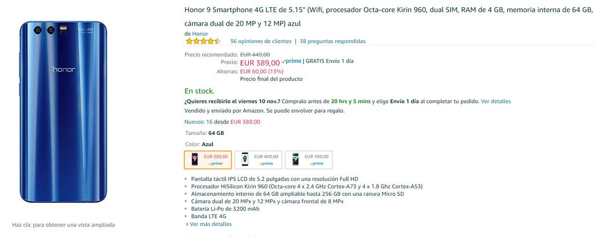 Precio del Honor 9 en Amazon