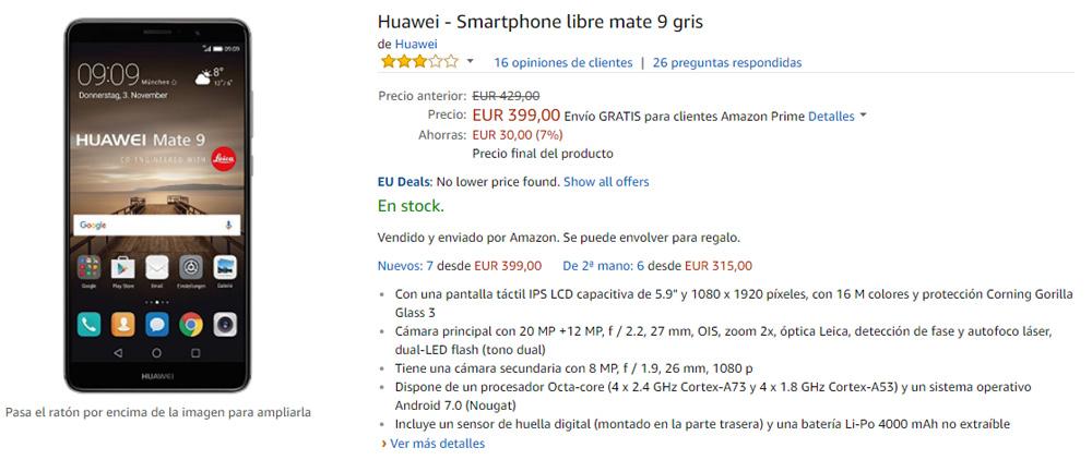 Descuento en el precio del Huawei Mate 9 en Amazon