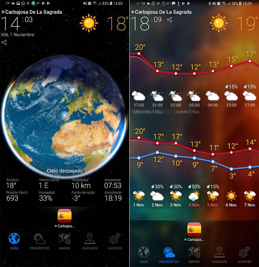 Interfaz de la app de tiempo para Android Tiempo Ahora