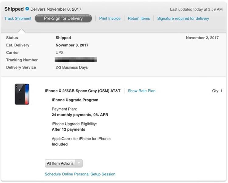 Tiempo de entrega de un pedido del iPhone X detallado por Apple por correo electrónico