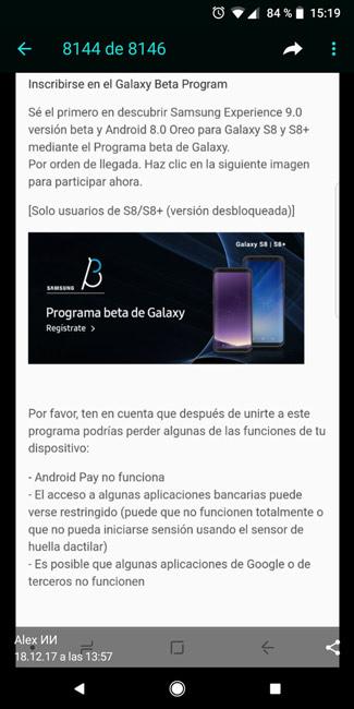 Proceso de inscripción en la Beta de Android 8.0 Oreo para el Galaxy S8