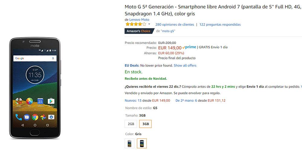 Precio del Motorola Moto G5 en Amazon