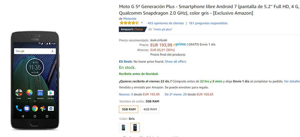 Precio del Motorola Moto G5 Plus en Amazon