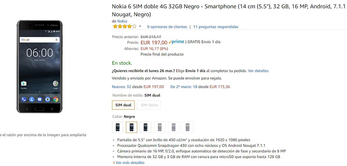 Nokia 6 en el catálogo de Amazon