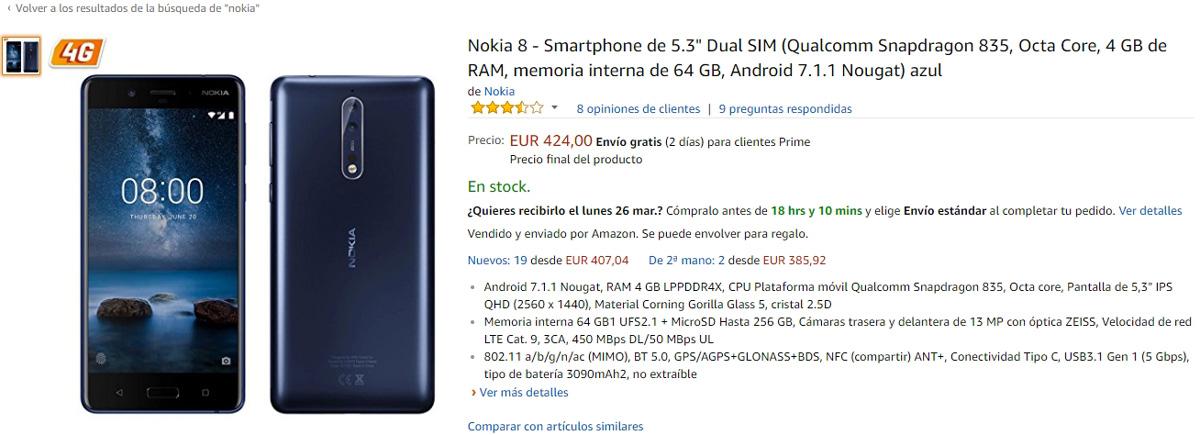 Nokia 8 en el catálogo de Amazon