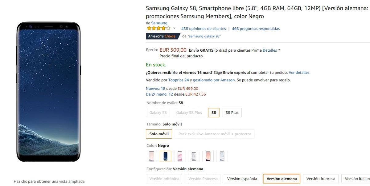 Descuento en el precio del Samsung Galaxy S8 en Amazon
