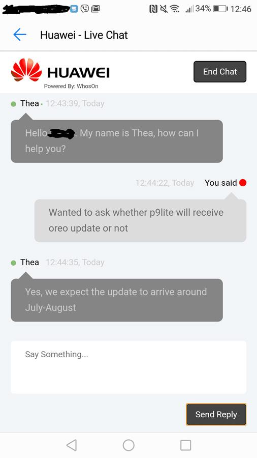 Confirmación por chat de la actualización del Huawei P9 Lite con Android 8.0 Oreo