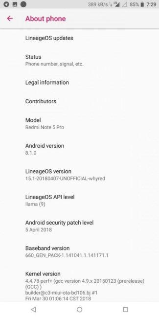 LineageOS 15.1 para el Xiaomi Redmi Note 5 Pro