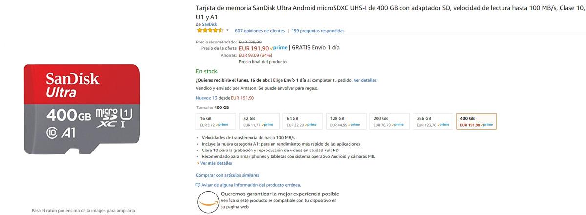 Precio de la tarjeta micro SD SanDisk Ultra de 400 GB en Amazon
