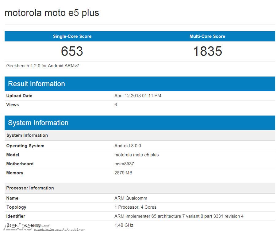 Características del Motorola Moto E5 Plus registradas en GeekBench