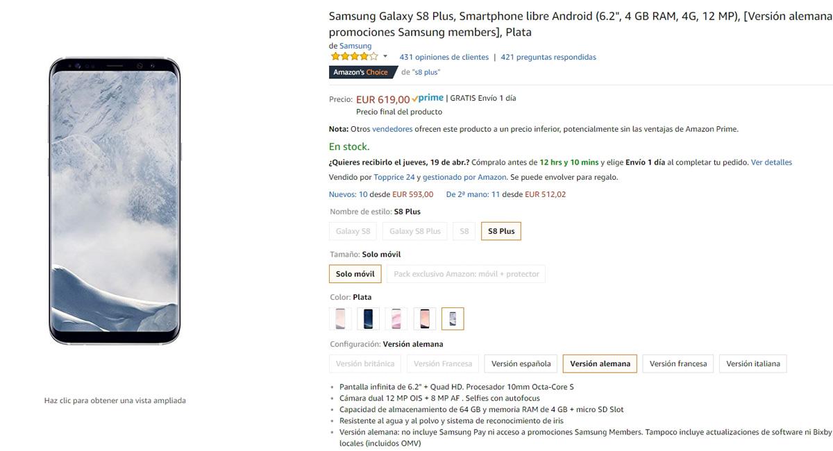 Descuento para el Samsung Galaxy S8+ en Amazon