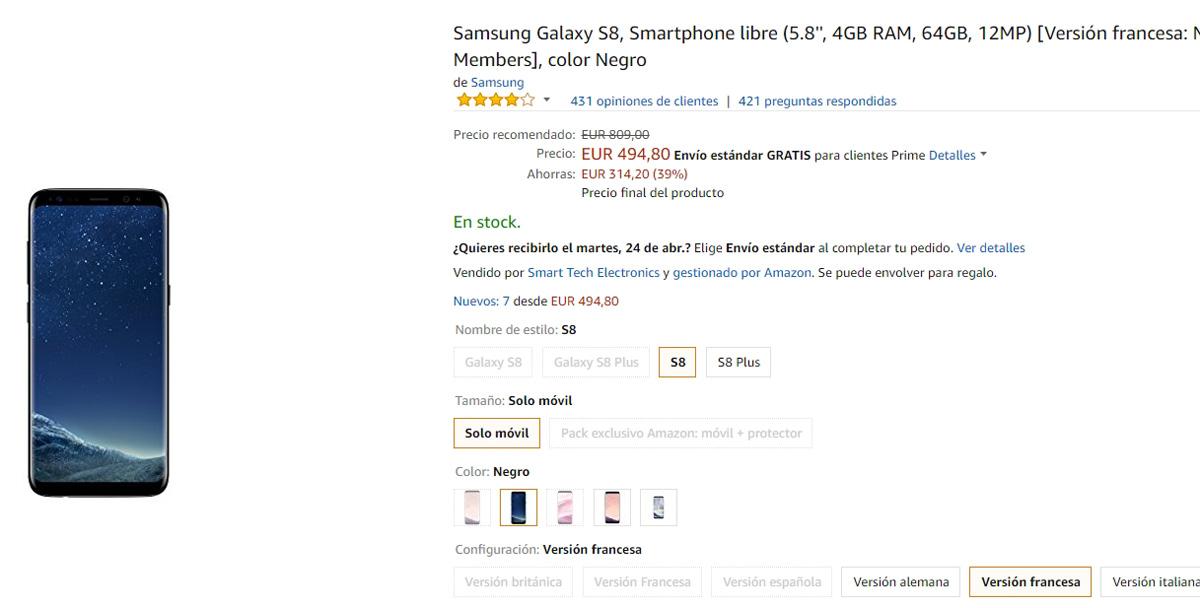 Precio con descuento del Samsung Galaxy S8 en Amazon