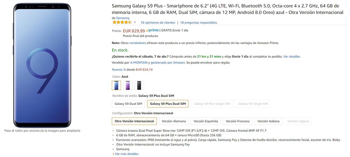 Descuento en el precio del Samsung Galaxy S9+ a través de Amazon