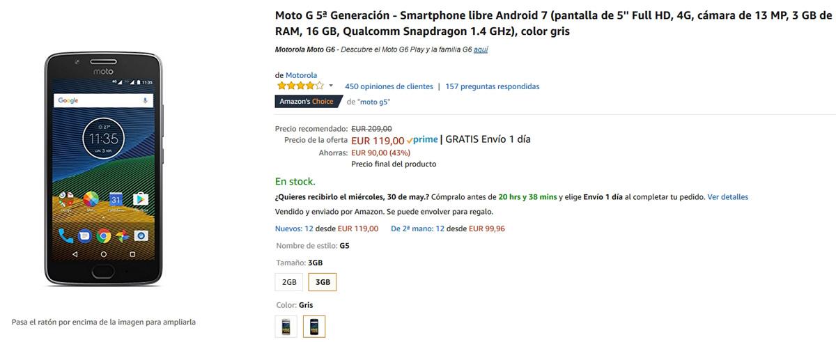 Oferta del Motorola Moto G5 en Amazon