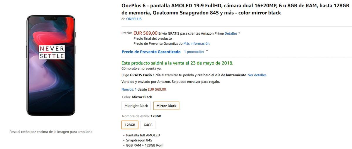 Aparatado de la tienda de Amazon en la que se puede comprar el OnePlus 6 en venta anticipada