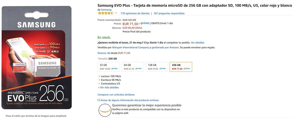 Precio de la tarjeta micro SD 256 GB Samsung Evo Plus